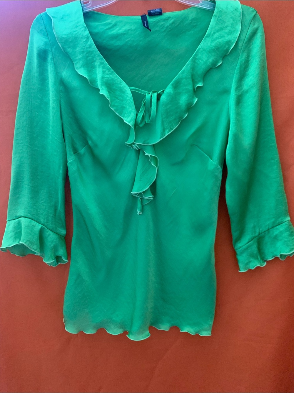 New Directions Women’s Metallic Shimmery Green Ruffle V-Neck Blouse